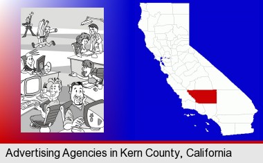 an advertising agency; Kern County highlighted in red on a map