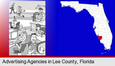 an advertising agency; Lee County highlighted in red on a map
