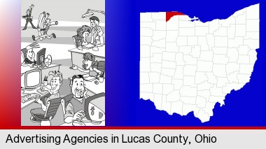 an advertising agency; Lucas County highlighted in red on a map