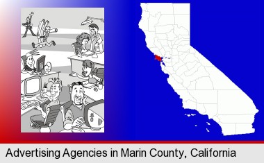 an advertising agency; Marin County highlighted in red on a map