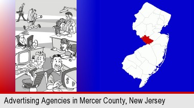 an advertising agency; Mercer County highlighted in red on a map