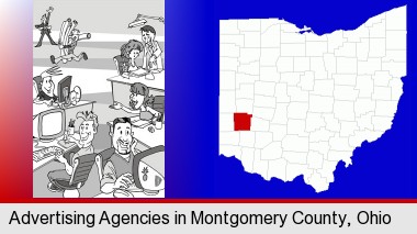 an advertising agency; Montgomery County highlighted in red on a map