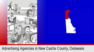 an advertising agency; New Castle County highlighted in red on a map