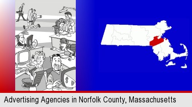 an advertising agency; Norfolk County highlighted in red on a map