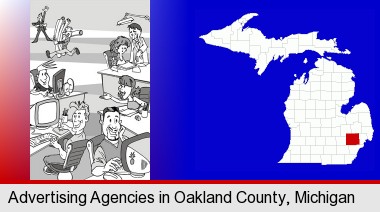 an advertising agency; Oakland County highlighted in red on a map
