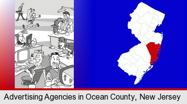 an advertising agency; Ocean County highlighted in red on a map