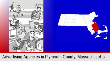 an advertising agency; Plymouth County highlighted in red on a map