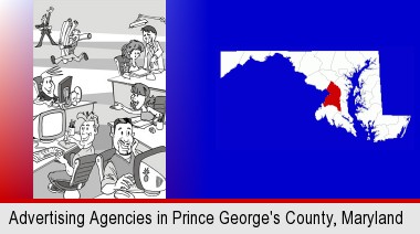an advertising agency; Prince George's County highlighted in red on a map