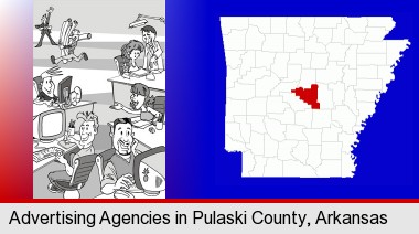 an advertising agency; Pulaski County highlighted in red on a map