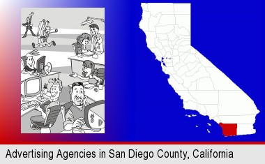 an advertising agency; San Diego County highlighted in red on a map