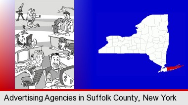 an advertising agency; Suffolk County highlighted in red on a map