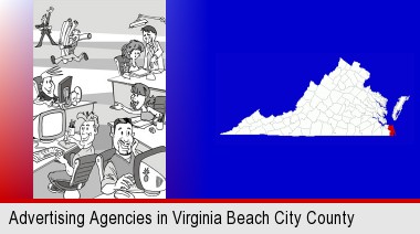 an advertising agency; Virginia Beach City County highlighted in red on a map