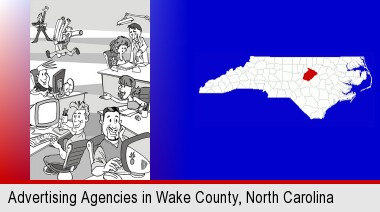 an advertising agency; Wake County highlighted in red on a map