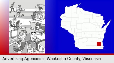 an advertising agency; Waukesha County highlighted in red on a map
