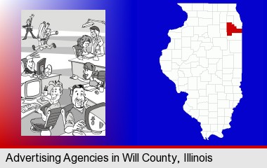 an advertising agency; Will County highlighted in red on a map