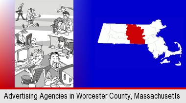 an advertising agency; Worcester County highlighted in red on a map